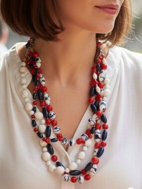 VTG Japan Patriotic Red White Blue Milk Glass Necklace Nautical Statement 1950’s